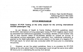 RT-PCR Testing at the entry airport for the arriving international transfer passengers (As on September 2nd)